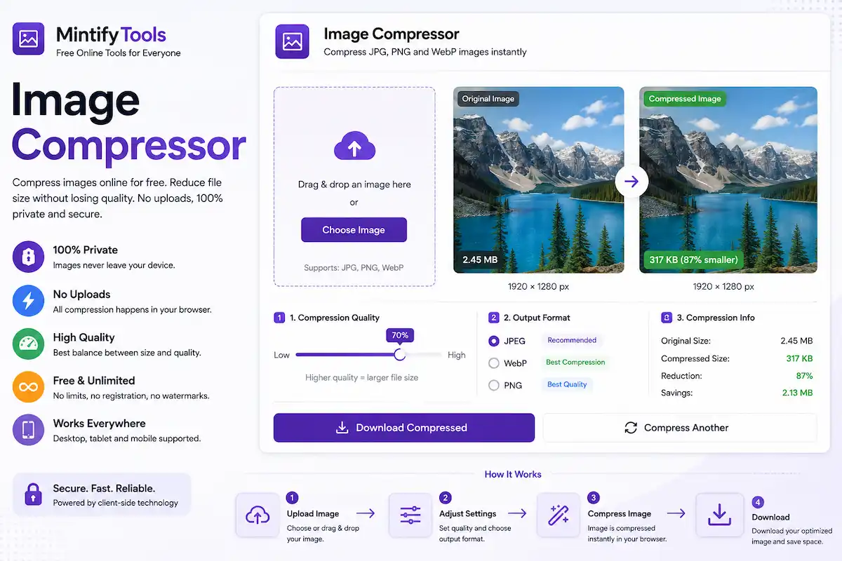Image Compressor to compress JPG, PNG, and WebP images online without uploading files